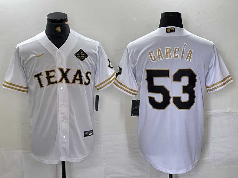 Men's Texas Rangers #53 Adolis Garcia White Gold Cool Base Stitched Baseball Jersey,We sell and wholesale Men's Texas Rangers #53 Adolis Garcia White Gold Cool Base Stitched Baseball Jersey on line form chian!